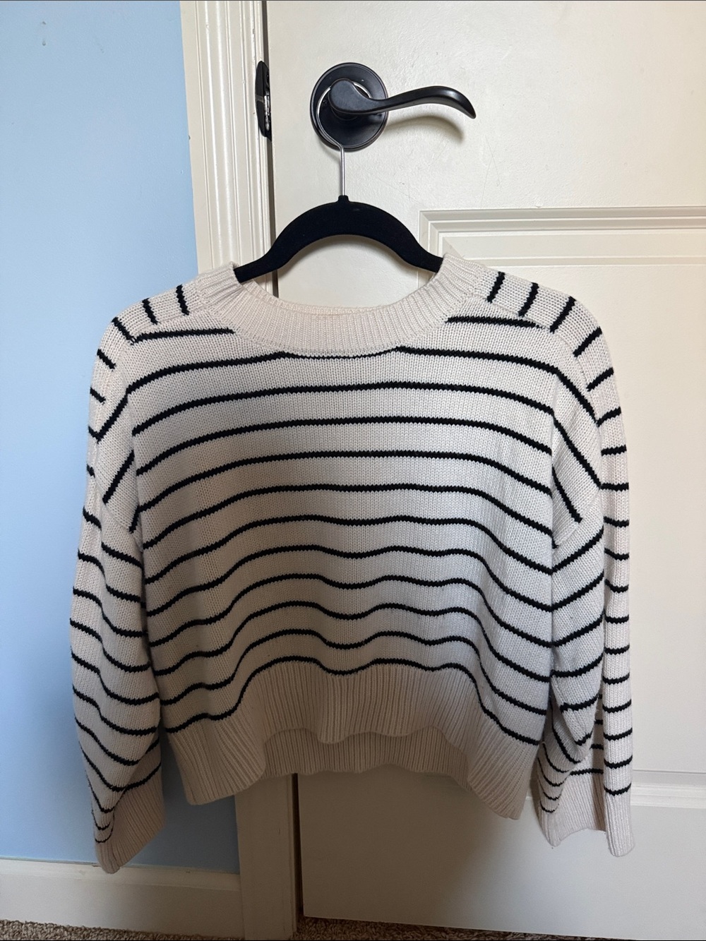 T Tahari Cream and Black Striped Crewneck Sweater - Picture 2 of 5